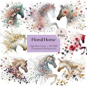 Può includere: Una collezione di otto illustrazioni ad acquerello di cavalli adornati con composizioni floreali. I cavalli sono raffigurati in vari colori, con fiori e fogliame in tonalità di rosa, viola e verde. L'immagine include il testo "Floral Horse" e "8 PNG".