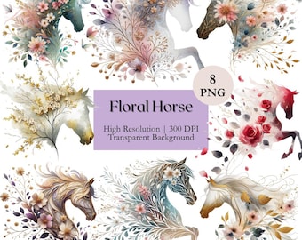 Abstract Floral Horse Clipart Bundle Watercolor Spring Animal PNG Printable Pastel Horse Silhouette with Flowers Commercial License