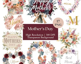 Happy Mother's Day Clipart Bundle, Watercolor Mother's Day PNG, Mom, Mama, Best Mom Text Floral Graphics Printable, Digital Download