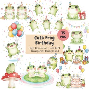 Puede incluir: Una colección de ilustraciones en acuarela con simpáticas ranas verdes celebrando un cumpleaños. Las ranas llevan gorros de fiesta, sostienen globos y están rodeadas de regalos y confeti. Texto: "Cute Frog Birthday".