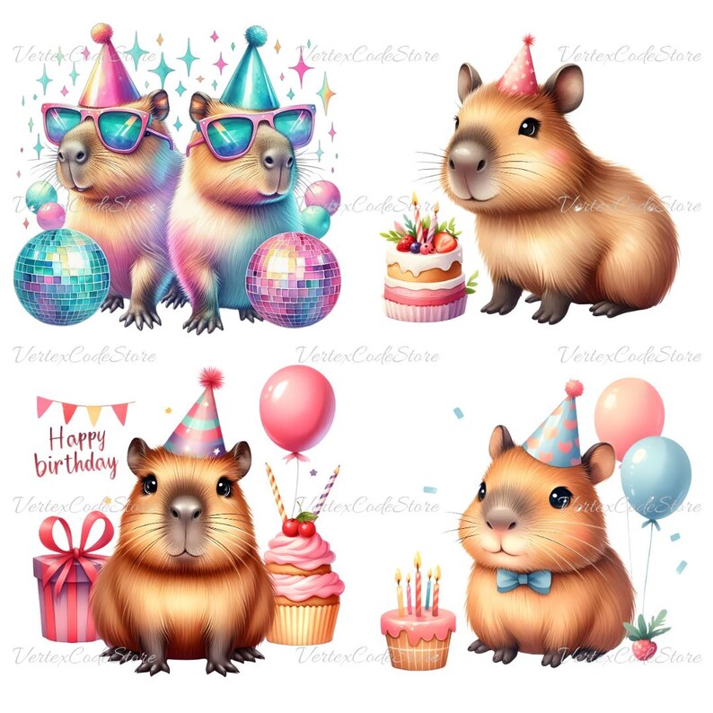 Kawaii Capybara Birthday Clipart Bundle Watercolor Cute Animal Party Illustrations Printable Capybara Celebration Decor Commercial License image 5