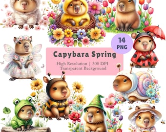 Kawaii Capybara Spring Clipart Bundle Watercolor Capybara in Costume PNG Cute Animal Easter Illustrations Commercial Use