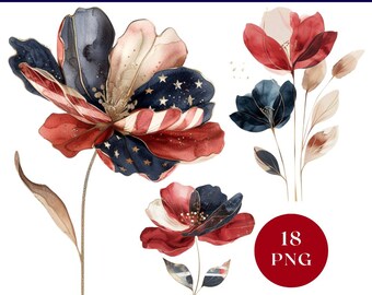 Watercolor Patriotic Flower Clipart, Independence Day Floral PNG, America Themed Graphics, Printable 4th of July Decor, Commercial License