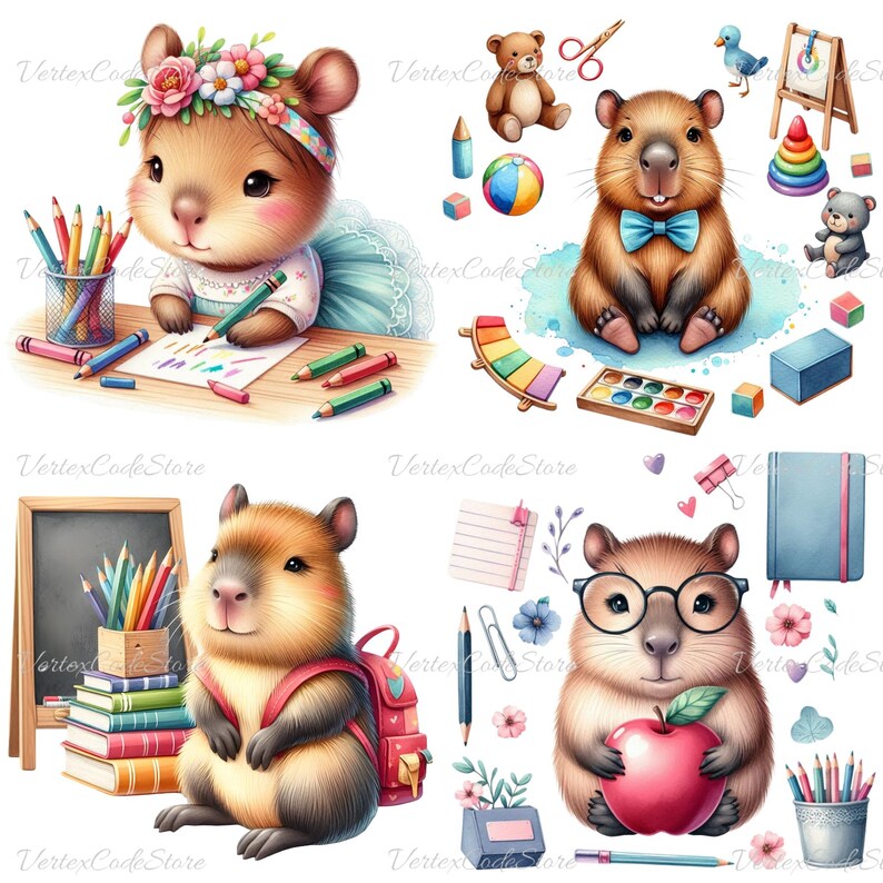 Capybara Schooler Clipart Bundle Watercolor Animal Preschool ...