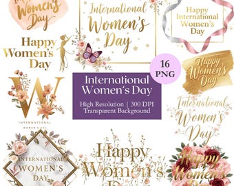 International Women's Day Logo PNG Bundle, Watercolor Happy Women's Day Text Clipart, Printable Holiday Celebration, Commercial Use