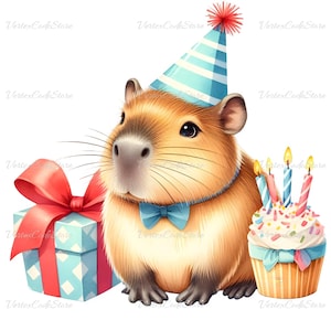 Clip art transparente de capibara de feliz cumpleaños, linda imagen de capibara en acuarela con temática de cumpleaños, descarga digital PNG de celebración de animales de fiesta