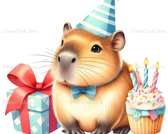 Capybara Birthday Clipart Watercolor Capybara PNG Animal Birthday Decoration Capybara Cake Party Hat Digital Download Capybara Sublimation