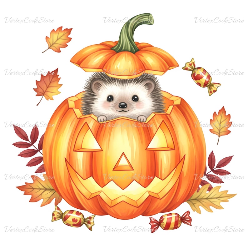 May include: A watercolor illustration of a cute hedgehog inside a carved orange pumpkin. The pumpkin has a jack-o'-lantern face and is surrounded by autumn leaves and wrapped candies. A festive design for Halloween or fall.