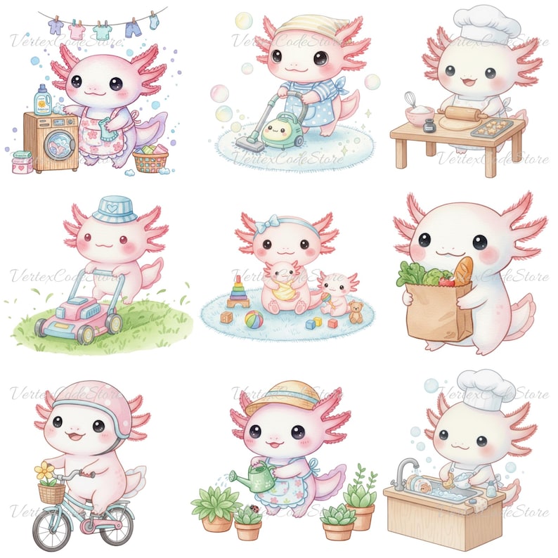 Watercolor Cute Axolotl Clipart Bundle, Kawaii Animal PNG Daily ...