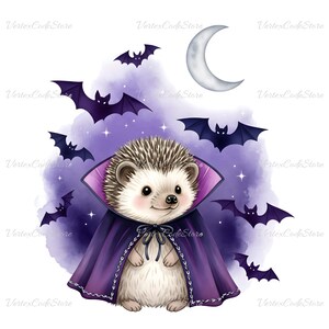 May include: A whimsical illustration of a hedgehog dressed in a purple cape, surrounded by bats and a crescent moon. The hedgehog has a friendly expression. The background features a purple watercolor wash and stars, creating a Halloween theme.