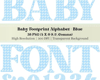 Boy Baby Shower Alphabet Clipart, Blue Baby Footprint Letters PNG, Cute Nursery Decor Font, Printable A-Z, Numbers, Symbols Digital Download