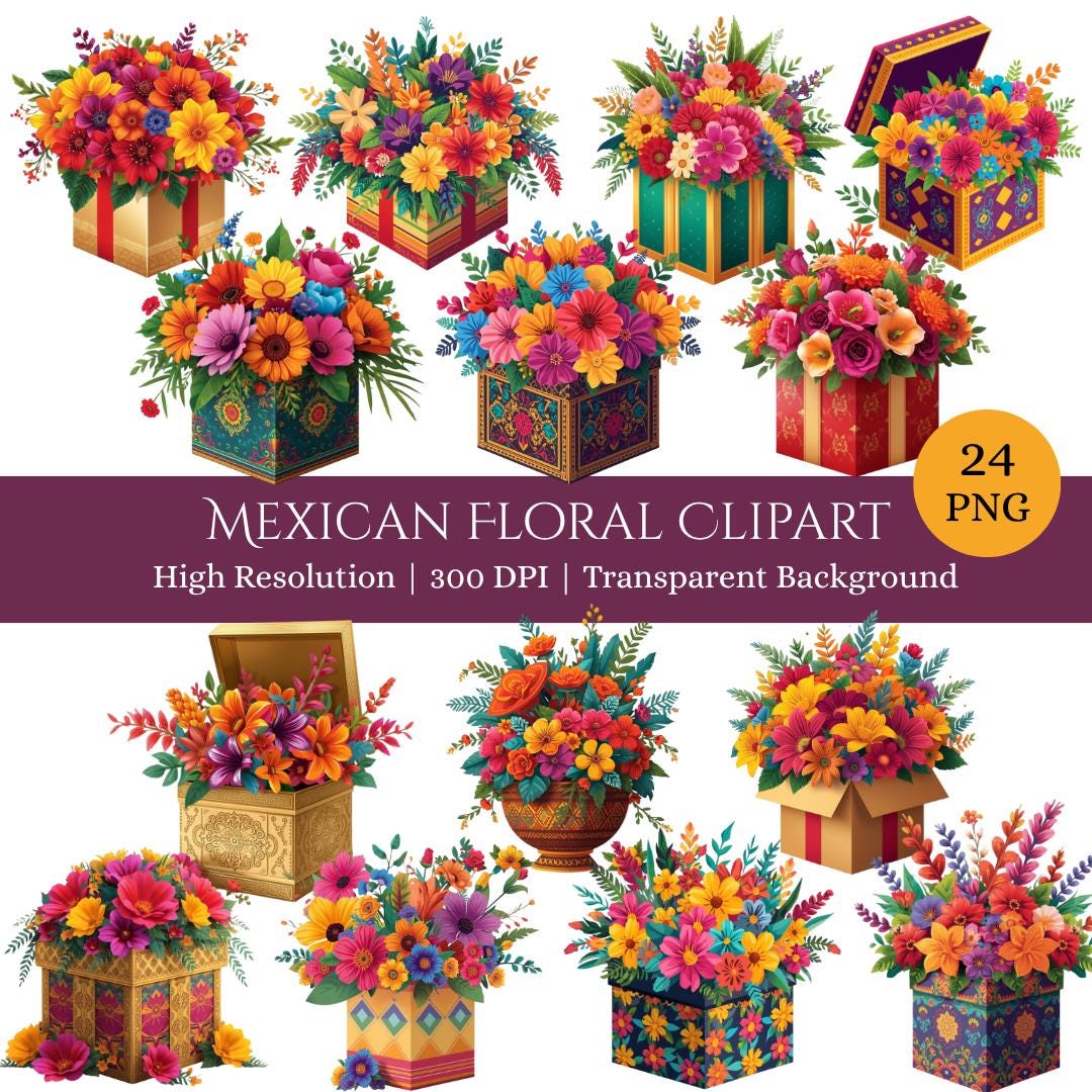 Mexican Flowers Clipart Bundle, Watercolor Fiesta Floral PNG, Cinco De ...