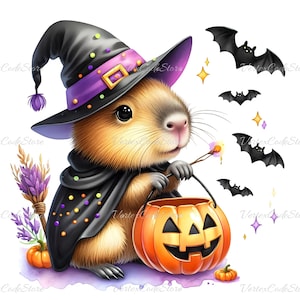 Capybara Halloween Clipart Watercolor Capybara in Witch Costume PNG Printable Cute Animal Halloween Design for Sublimation Digital Download