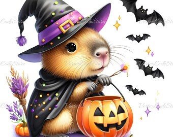 Capybara Halloween Clipart Aquarell Capybara im Hexenkostüm PNG Druckbares Tier Kawaii Halloween für Sublimationsaufkleber