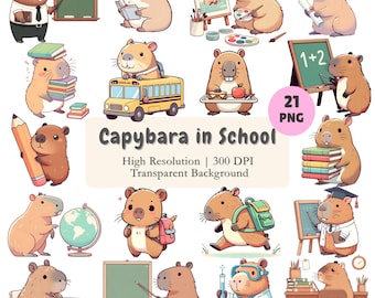 Kawaii Capybara School Clipart Bundle Cute Animal Back to School PNG Set Printable Animal Student Teacher Art Digital Download 300 DPI cbts1
