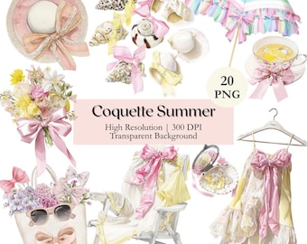 Coquette Summer Clipart Bundle, Watercolor Feminine Summer Item PNG, Printable Beach Item, Summer Dress Illustrations, Commercial Use