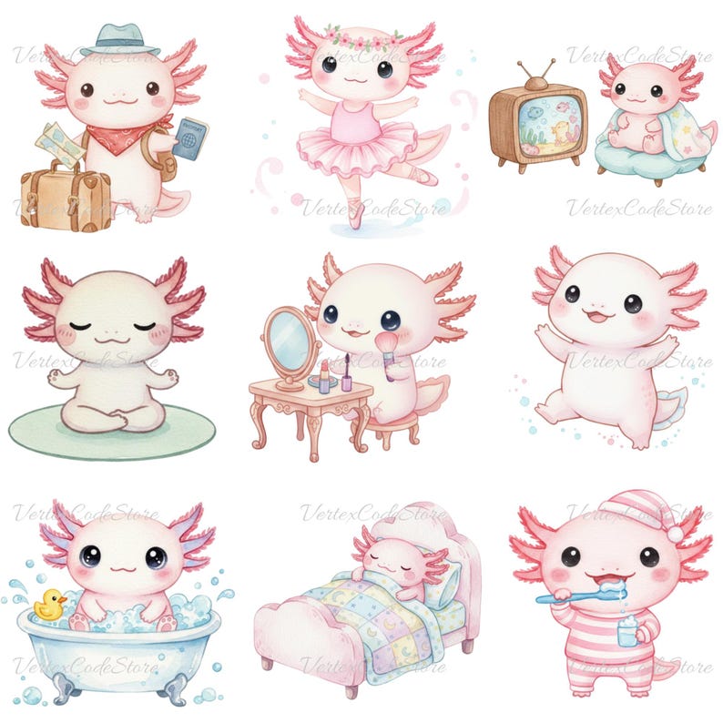 Watercolor Cute Axolotl Clipart Bundle, Kawaii Animal PNG Daily ...