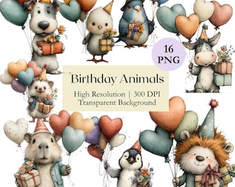 Watercolor Animal Birthday Clipart Bundle, Quirky Party Animal Present Flowers Balloons PNG, Printable Whimsical Illustration Commercial Use
