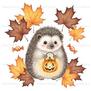 May include: A cute hedgehog illustration holding a glowing jack-o'-lantern. The hedgehog is surrounded by autumn leaves in shades of brown and orange, with two candies. The image has a white background.