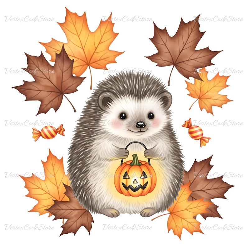 May include: A cute hedgehog illustration holding a glowing jack-o'-lantern. The hedgehog is surrounded by autumn leaves in shades of brown and orange, with two candies. The image has a white background.