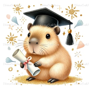 Transparente Abschlussfeier Capybara Clipart Aquarell graduierte Capy mit Mütze und Diplom digitaler Download niedliche Tier Illustration PNG