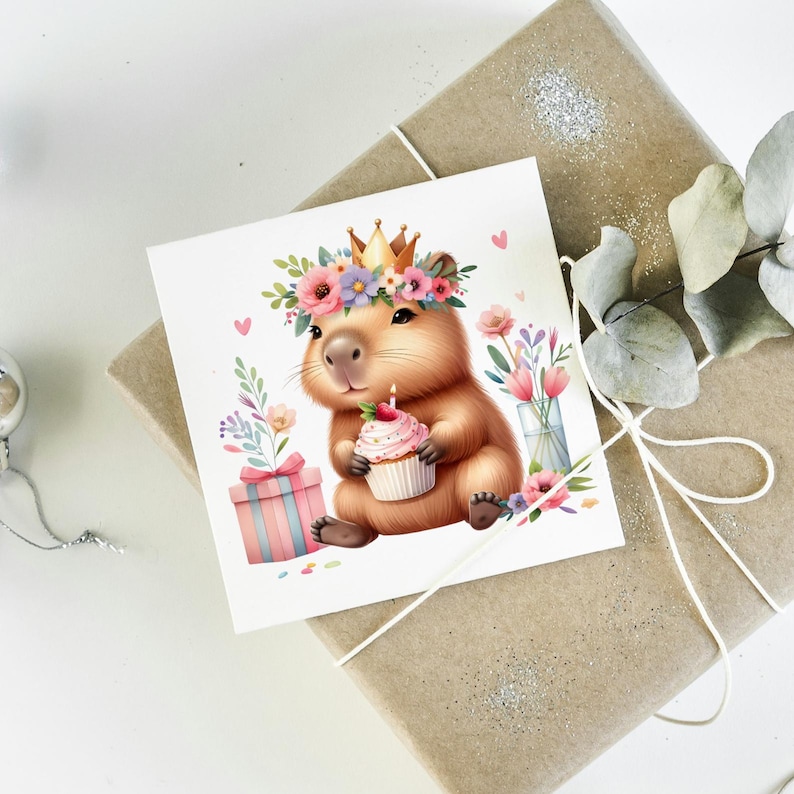 Kawaii Capybara Birthday Clipart Bundle Watercolor Cute Animal Party Illustrations Printable Capybara Celebration Decor Commercial License image 12