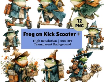 Frog on Kick Scooter + Clipart Bundle, Watercolor Funny Frog PNG, Green Frog Printable Illustration T-Shirt Design, Commercial License
