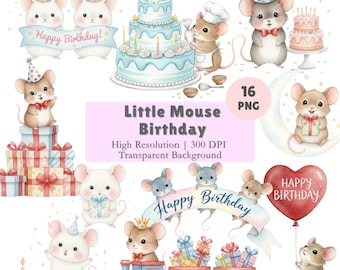 Cute Little Mouse Birthday PNG, Watercolor Mice Party Clipart, Kawaii Animal Celebration Illustrations, Commercial License