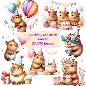 Capybara Birthday Clipart Watercolor Animal Birthday PNG Bundle Printable Capybara Party Decor Digital Download Pastel Cupcake Balloons