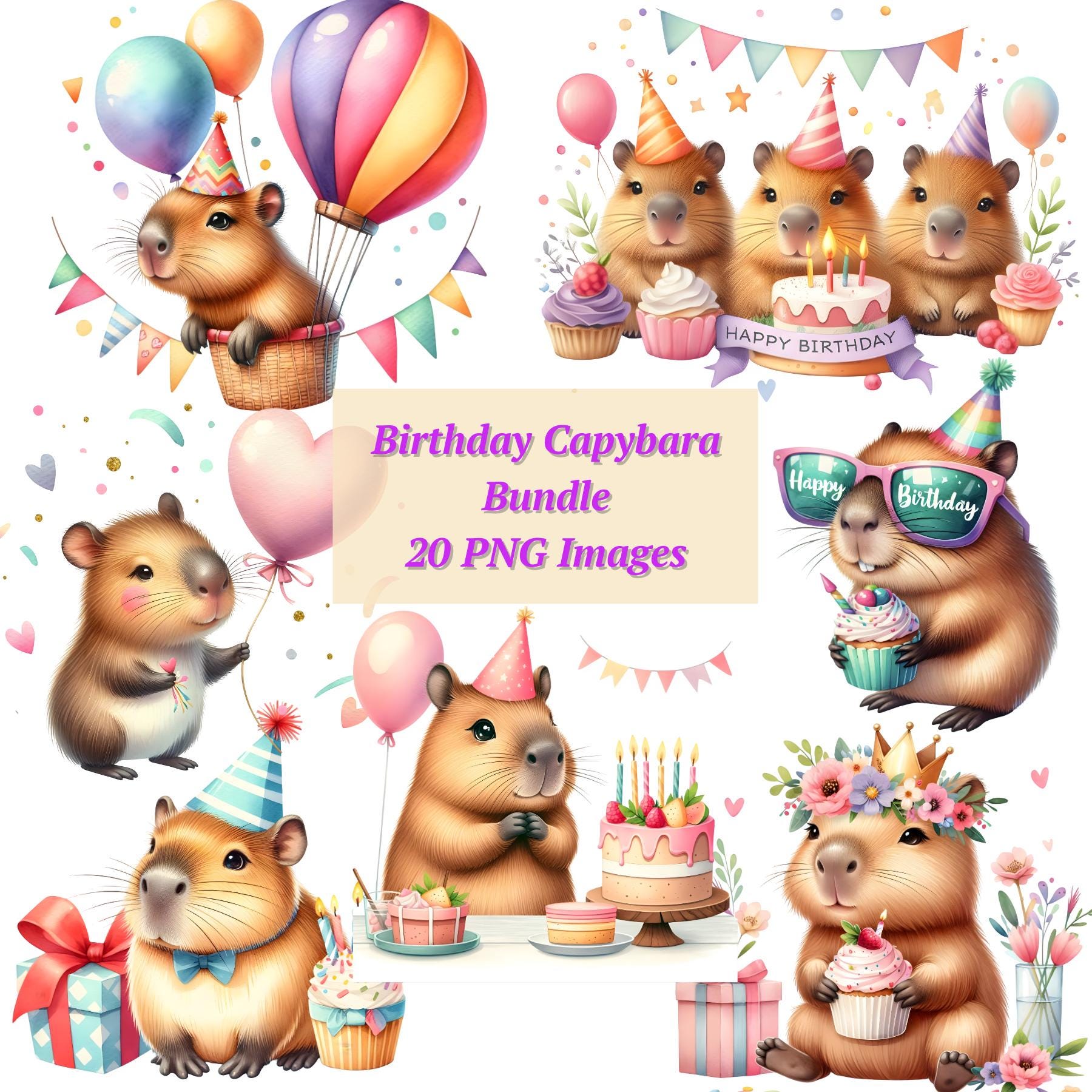 Capybara Birthday Clipart Watercolor Animal Birthday PNG Bundle Printable Capybara Party Decor Digital Download Pastel Cupcake Balloons