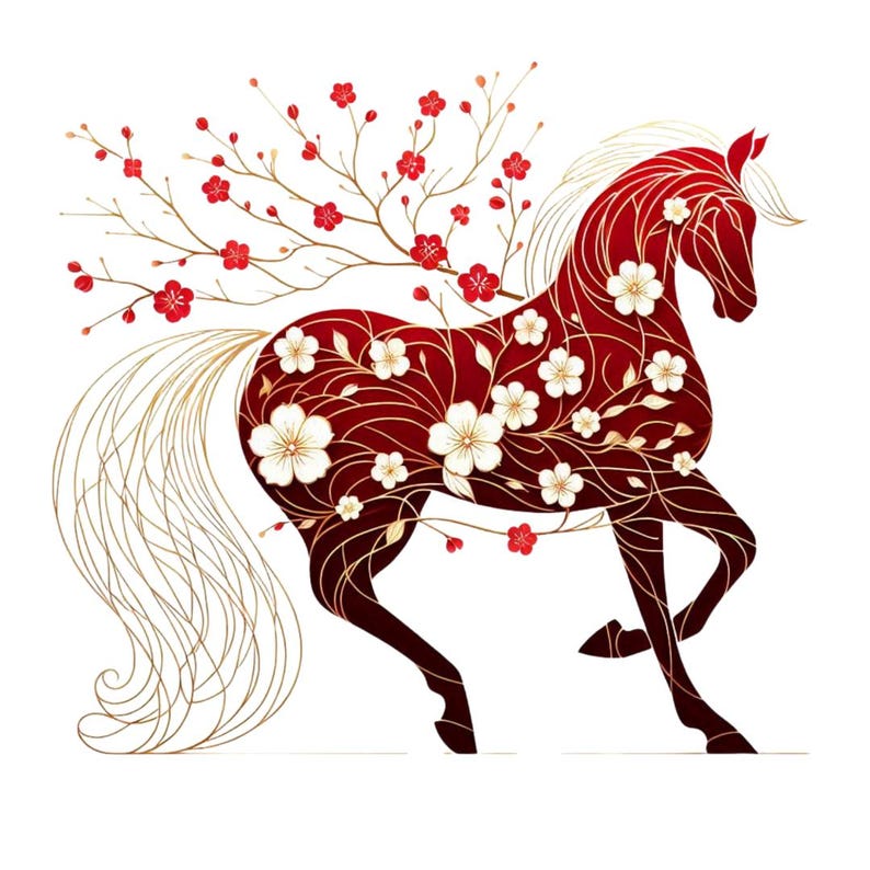 Year of the Horse Floral Clipart Bundle, Lunar New Year 2026 Horse PNG ...