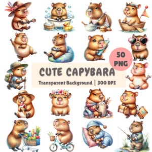 Cute Capybara Clipart Bundle 50 PNG Kawaii Capybara Daily Activities Illustrations Printable Watercolor Animal Digital Download Scrapbooking