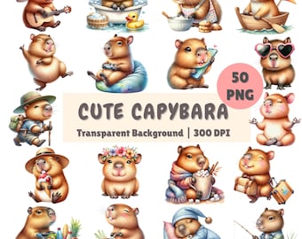 Cute Capybara Clipart Bundle 50 PNG Kawaii Capybara Daily Activities Illustrations Printable Watercolor Animal Digital Download Scrapbooking