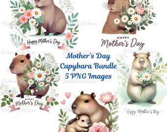 Transparent Cute Mother’s Day Capybara 5 PNG Bundle, Capybara Watercolor Clip Art Instant Download Capy Illustration Mother’s Day Design