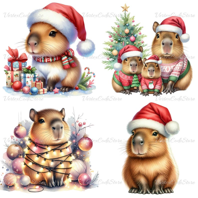 May include: Watercolor illustrations of capybaras in festive Christmas attire. One capybara wears a Santa hat and scarf near wrapped gifts. Others are adorned with sweaters, lights, and ornaments, evoking a holiday theme.