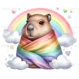 Clipart de carpincho arcoíris en acuarela transparente, imagen de animal pastel, descarga instantánea, linda ilustración de carpincho arcoíris del mes del orgullo digital