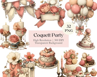 Coquette Party Item Clipart Bundle, Watercolor Pink Birthday Cake, Balloons, Presents PNG, Feminine Celebration Illustration, Commercial Use