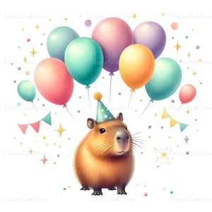 Capybara Birthday Clipart Watercolor Animal Party PNG Capybara Pastel Color Balloon Printable Capybara for Party Decor Sublimation cbp1