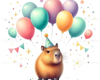 Capybara Birthday Clipart Watercolor Animal Party PNG Capybara Pastel Color Balloon Printable Capybara for Party Decor Sublimation cbp1