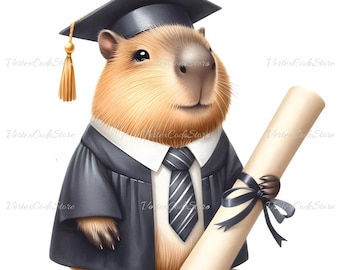 Transparent Graduation Capybara Clip Art, Cute Watercolor Capy with Diploma Grad Cap PNG, Animal Graduation Image Digital Download