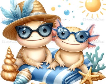 Watercolor Axolotl Summer Clipart Cute Animal Beach PNG Printable Axolotl Sunglasses Illustration for Sublimation Digital Amphibian