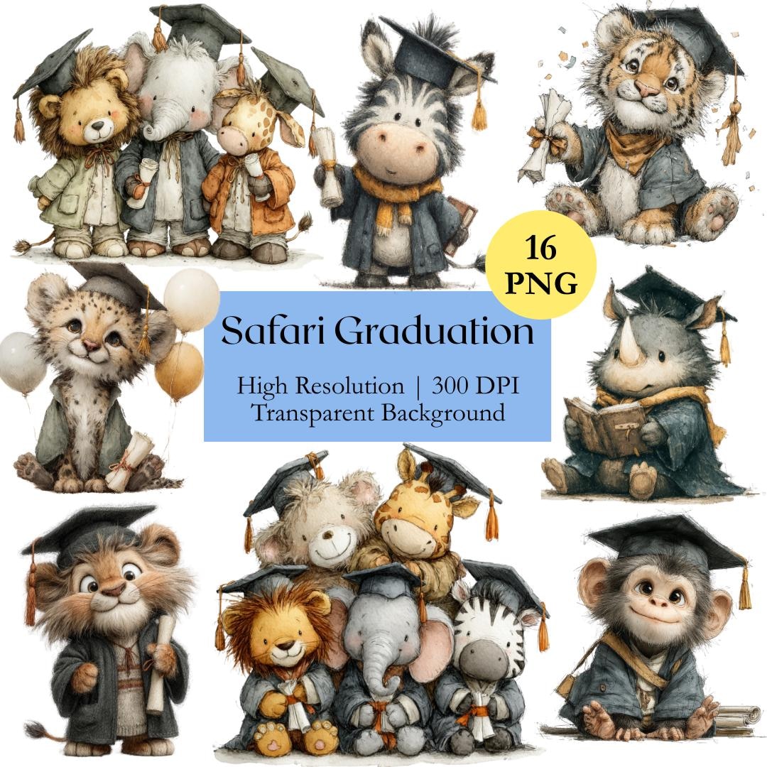 Safari Animal Graduation Clipart Bundle, Watercolor Animal Student ...