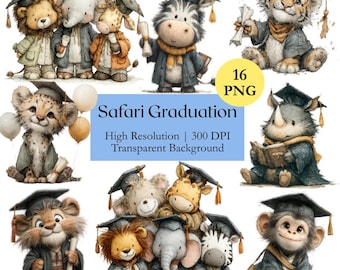 Safari Animal Graduation Clipart Bundle, Watercolor Animal Student Celebration PNG, Whimsical Grads with Cap and Diploma Illustrations