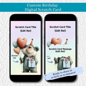 Verjaardagskraskaart voor kinderen, leuke digitale kraskaart met beer, gepersonaliseerde dierenwenskaart, bewerkbare online virtuele kaart