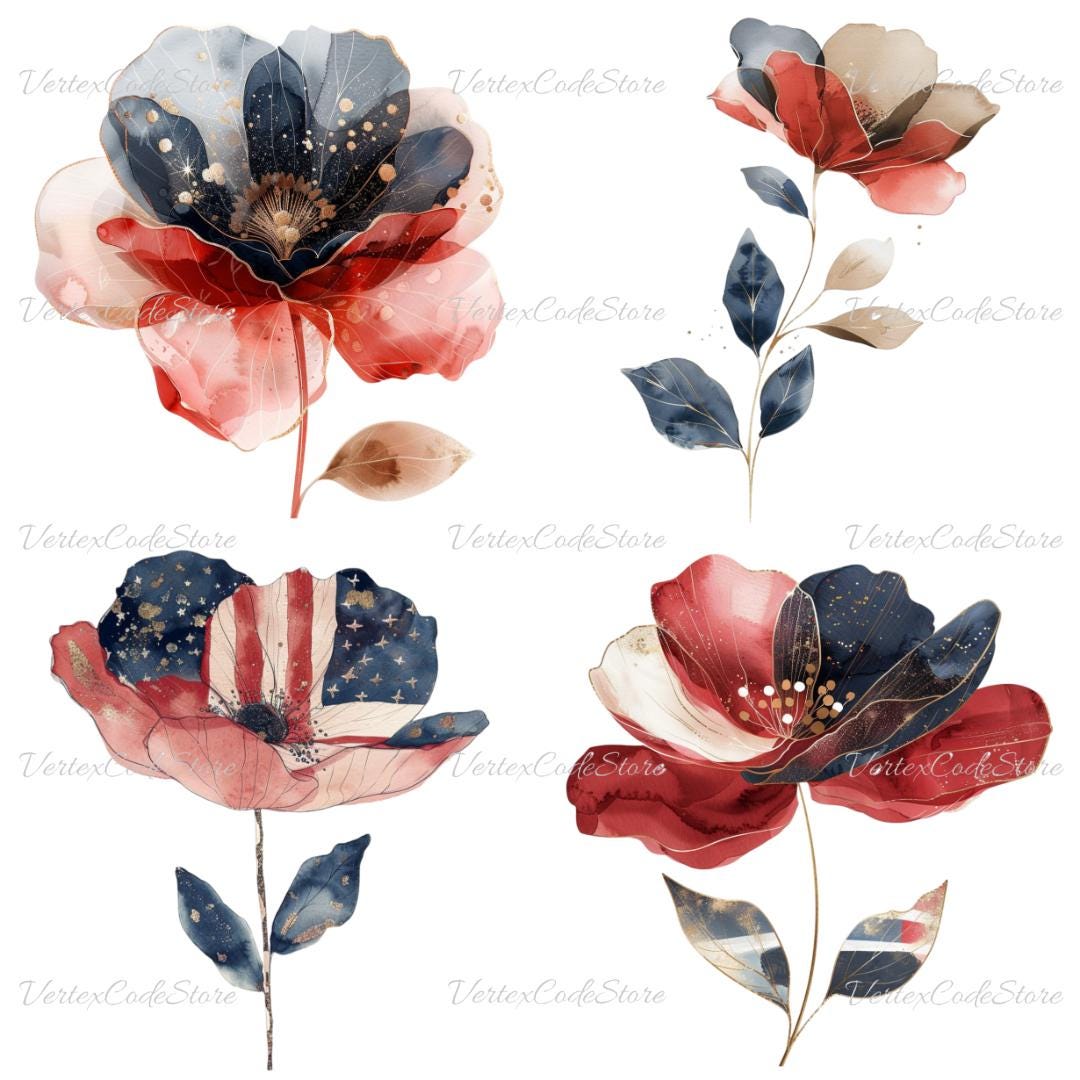 Watercolor Patriotic Flower Clipart, Independence Day Floral PNG ...
