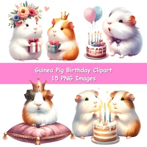Watercolor Guinea Pig Birthday Clipart: Party Animal PNG Images (Digital Download)