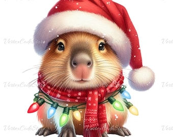 Capybara Christmas Clipart Watercolor Kawaii Animal PNG Cute Holiday Illustration Digital Download Transparent Background Commercial Use