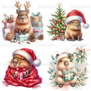 May include: A collection of watercolor illustrations featuring capybaras in festive Christmas settings. One capybara wears reindeer antlers, another a Santa hat, and others are surrounded by gifts, a Christmas tree, and holiday decor.