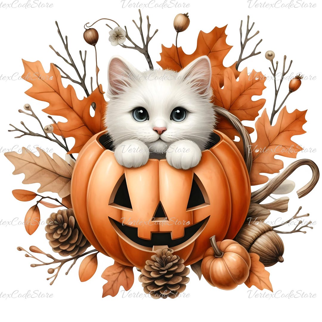 Watercolor Kitten Pumpkin Clipart Cute Cat Halloween PNG Printable Cat ...