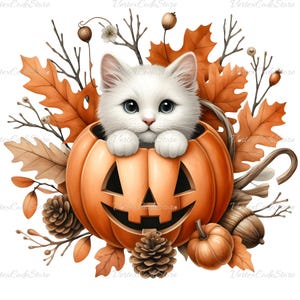 May include: A white kitten with blue eyes peeks out of an orange jack-o'-lantern. The pumpkin is surrounded by fall foliage, including brown leaves, acorns, and pinecones. The image has a watercolor style and a Halloween theme.